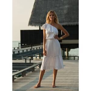 Melissa Odabash Jo Chochet One Shoulder Midi Dress White Size L